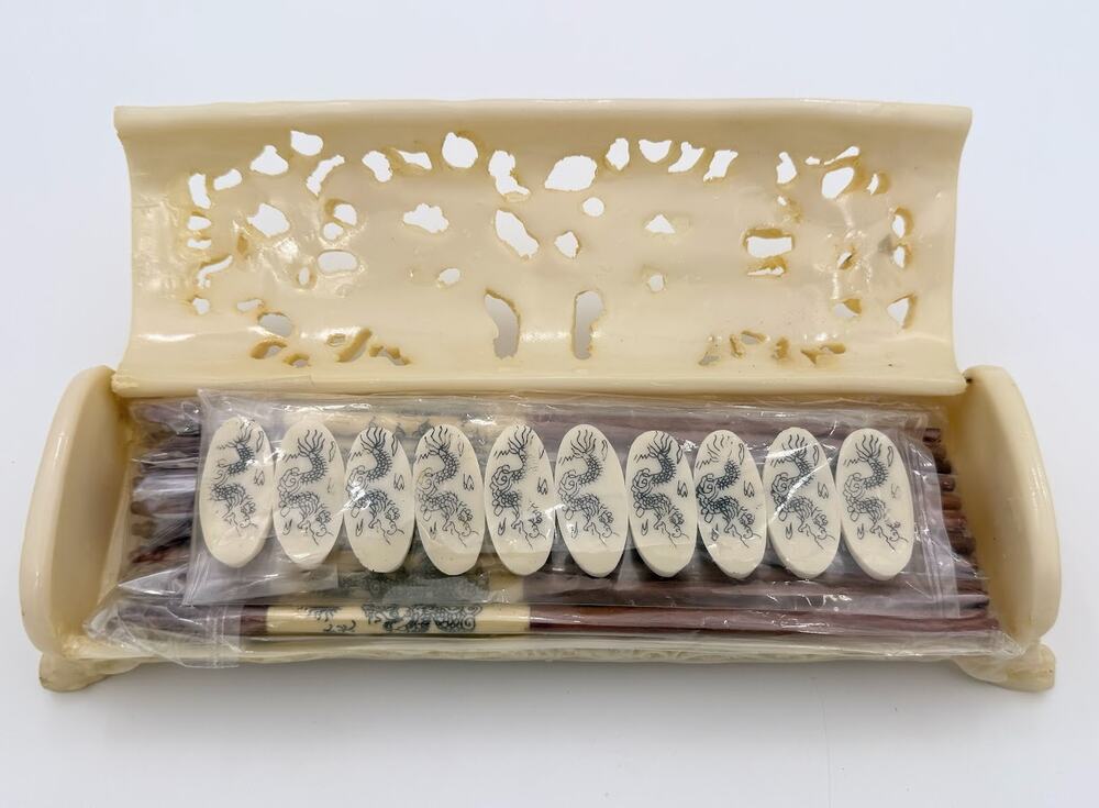 Vintage Chinese Dragon Chopstick Set Box with 10 Rests & 20 Chopsticks